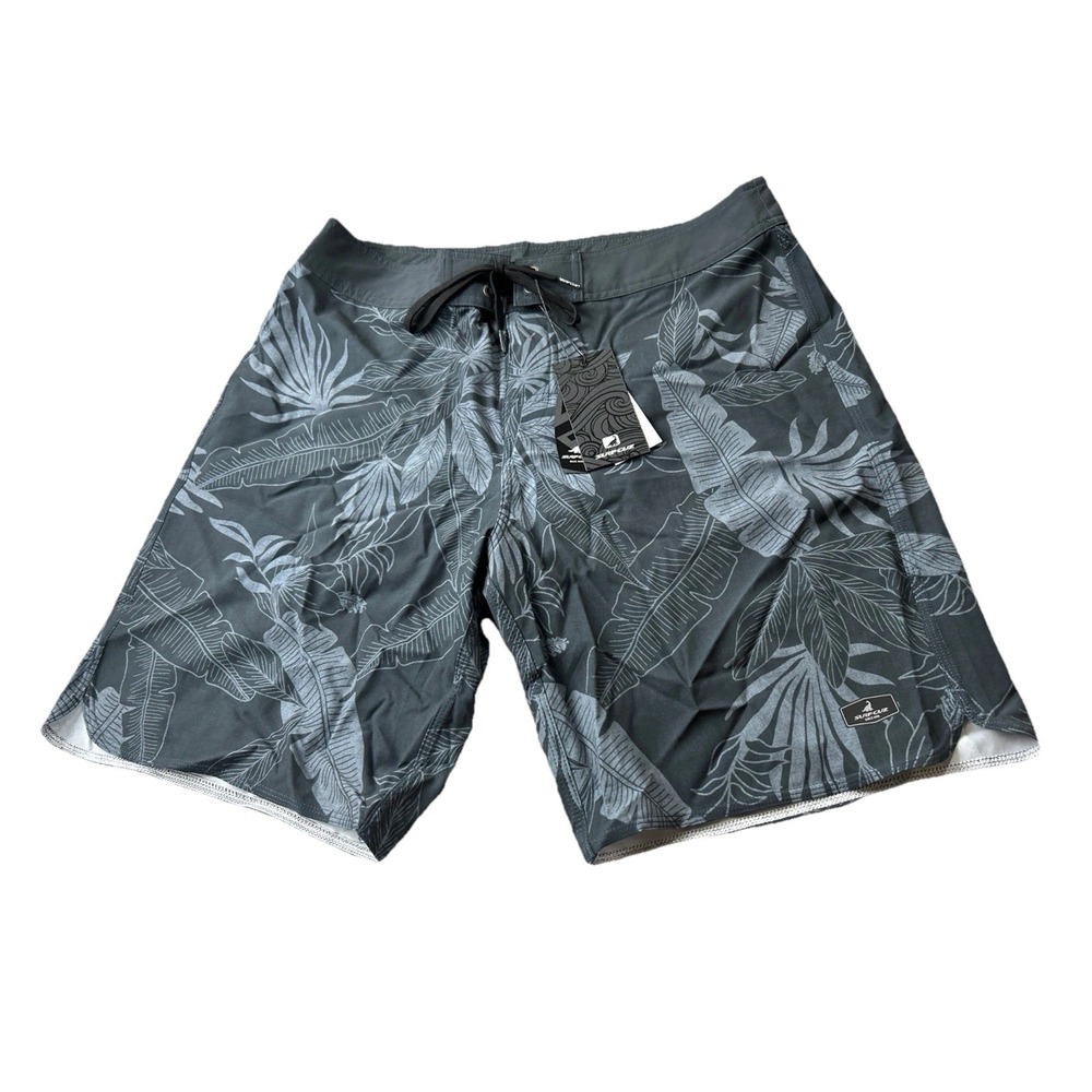Surfcuz Mens Boarding Shorts Size 32 Gray Tropical Leaf Print Swim Trunks
